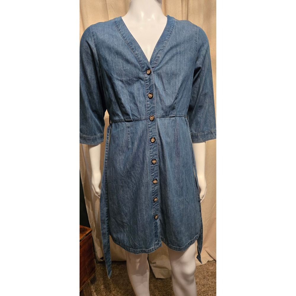 Papaya Denim Blue Button Front Belted V-Neck Dress Size 16 100% Cotton L337SZ - Picture 5 of 9